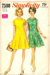 7598 SIMPLICITY 1968 DROP WAIST FLARE SHORTER DRESS SLEEVES OR NOT PATTERN 14 36B